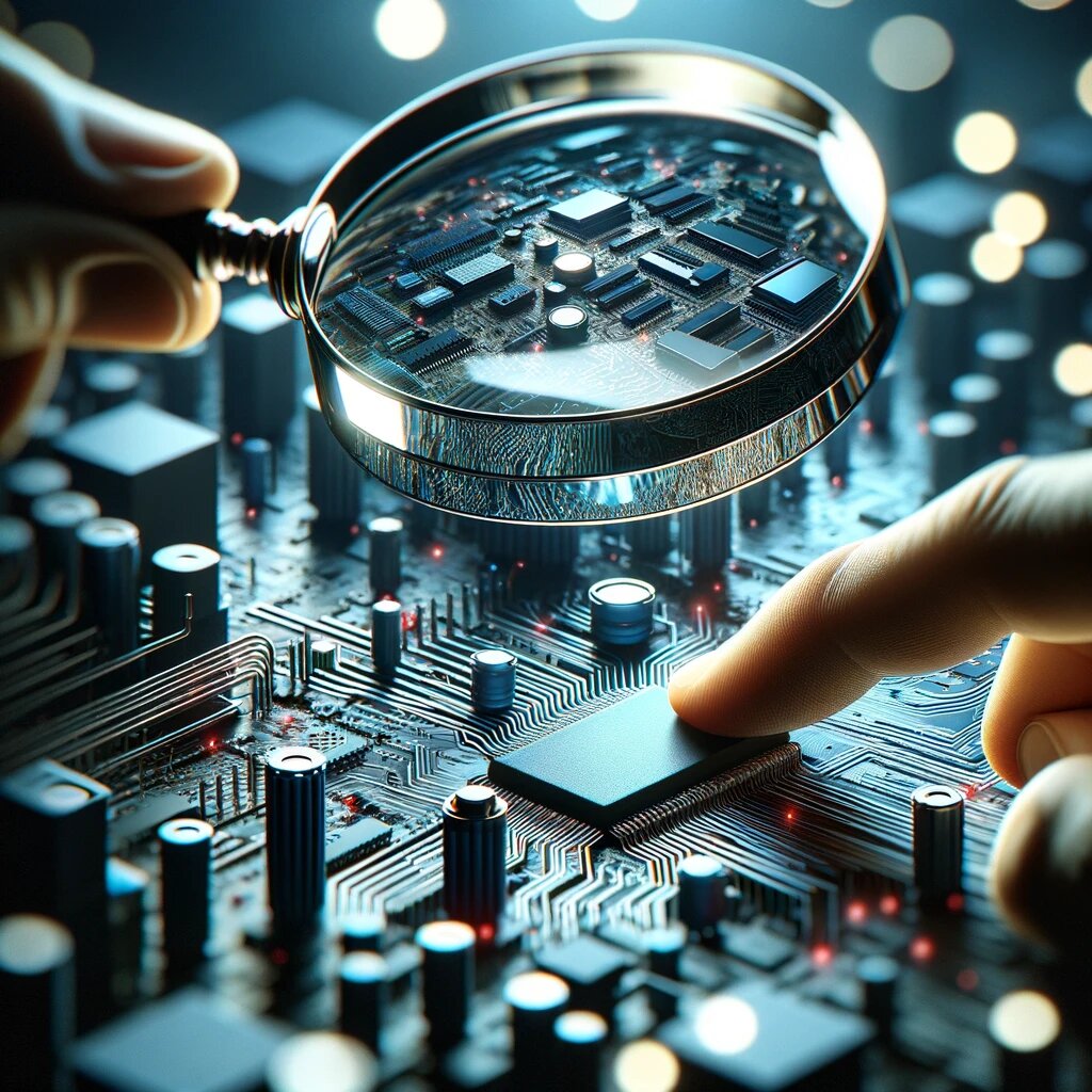 a magnifying glass held over a circuit board