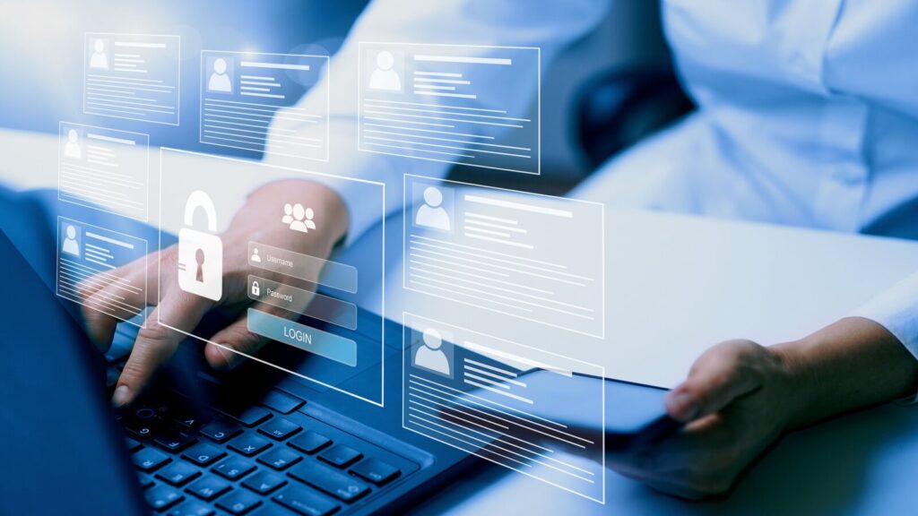 Person at keyboard with data security overlay
